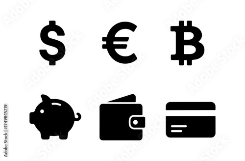 Minimalistic currency and finance symbols: dollar, euro, bitcoin, wallet, card, piggy bank icons