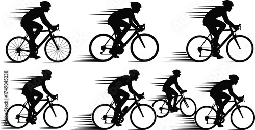 Cyclist silhouette, road bike racing, fast motion, athletic speed, black vector, sports icon, dynamic pose, cycling sprint, flat vector illustration