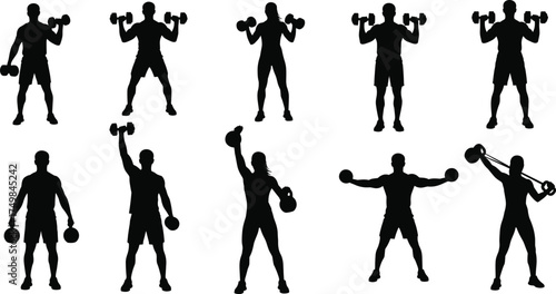Dumbbell workout poses, fitness training silhouettes, strength exercise icons, gym activity illustration, muscle building, flat vector illustration