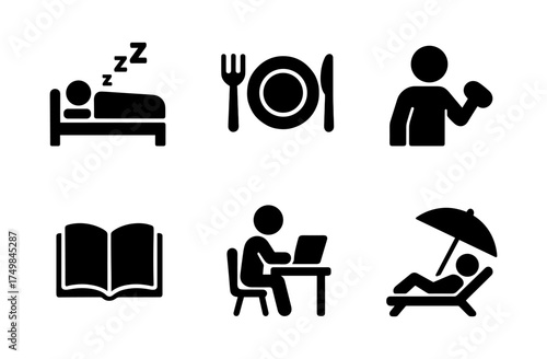 Simple icons of everyday activities: sleeping, eating, exercising, reading, working, relaxing
