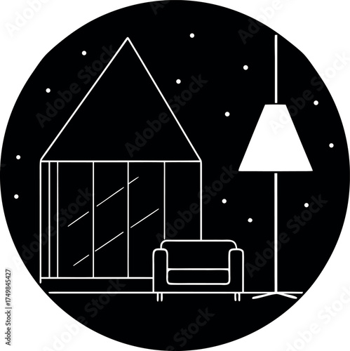 Beach house at night with cozy interior design