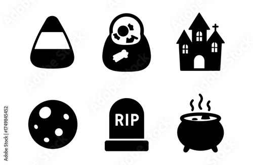 Spooky halloween icons set with candy corn, haunted house, and cauldron