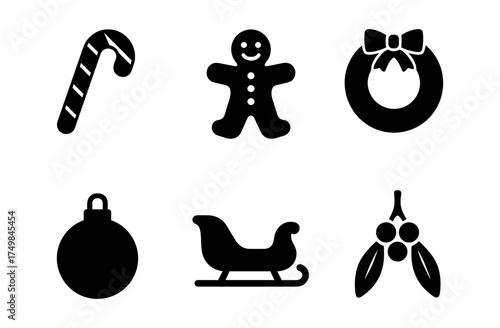 Festive holiday icons: gingerbread, sleigh, wreath, and more for seasonal design