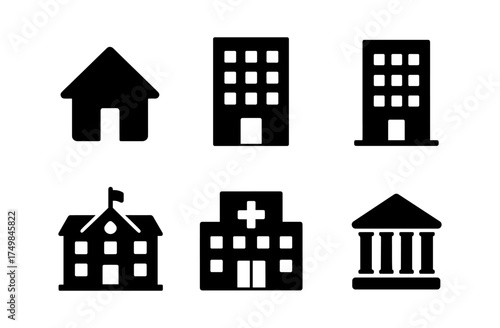 Building silhouette set: house, office, school, hospital, bank icons