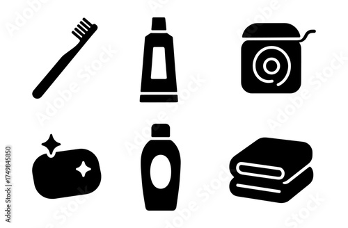 Essential bathroom icons: toothbrush, toothpaste, floss, soap, shampoo, towels in minimal style