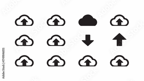 Twelve cloud icons with upload and download arrows arranged in a grid on a white background image view | editable eps vectors silhouette