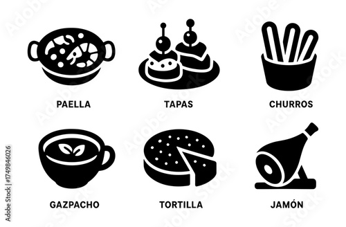 Spanish cuisine icons: popular dishes of spain in bold silhouettes