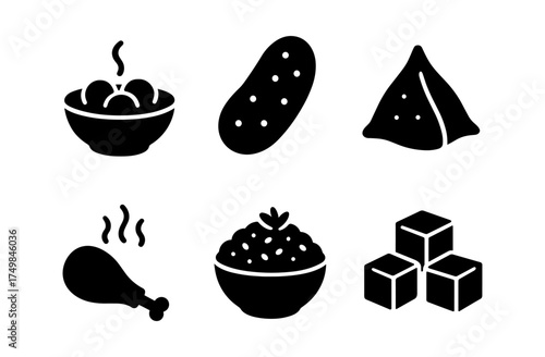 Collection of popular food icons in simple black silhouette style