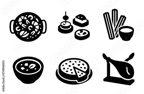 Monochrome icons of delicious spanish cuisine and tapas dishes