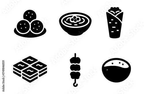 Assorted asian cuisine icons: dim sum, dumplings, sushi, tofu, soy sauce bowl, and skewer bites
