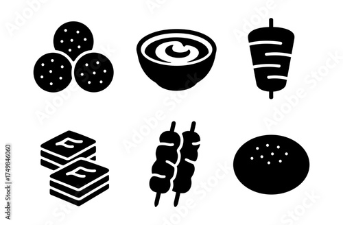 Silhouette icons of popular street food dishes in black and white style