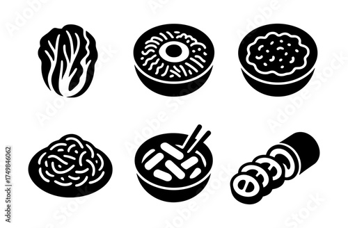 Silhouette icons of asian cuisine dishes: ramen, sushi, rice, and vegetables