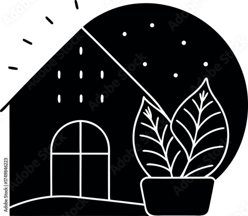Photography house and window vector illustration with plants and floral decoration