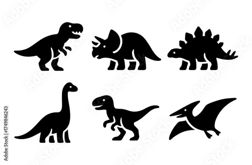 Silhouette dinosaur icons: t-rex, triceratops, stegosaurus, brachiosaurus, velociraptor, pterodactyl
