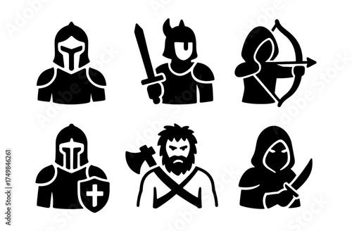 Medieval warrior silhouettes featuring knights, archers, and vikings in iconic poses