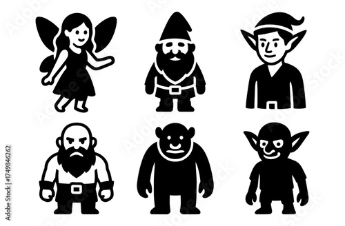 Set of six fantasy characters in black silhouette style for game design