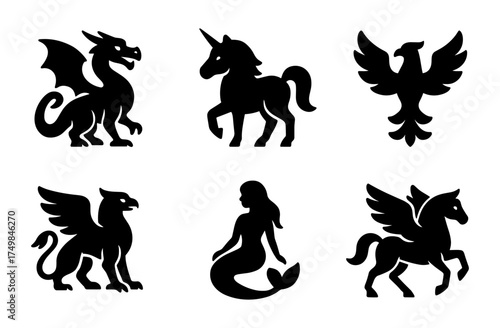 Silhouette fantasy creatures collection with dragon, unicorn, phoenix, griffin, mermaid, pegasus