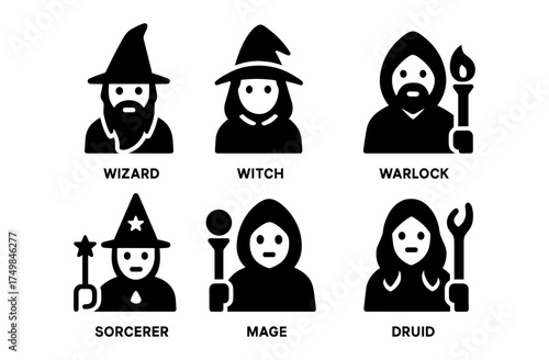 Fantasy characters set featuring wizard, witch, warlock, and more in silhouette style