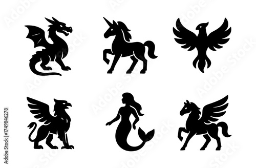 Silhouette collection of mythical creatures with dragon, unicorn, and phoenix