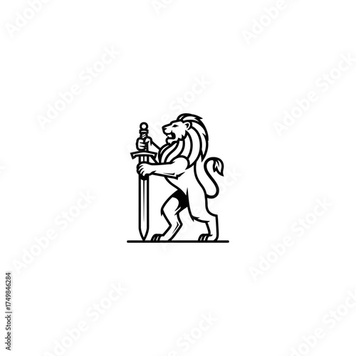 Black and white, stylized lion stands erect, holding a sword firmly upright