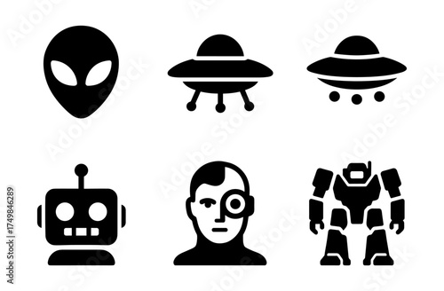Futuristic alien and robot icons in simple black silhouette style