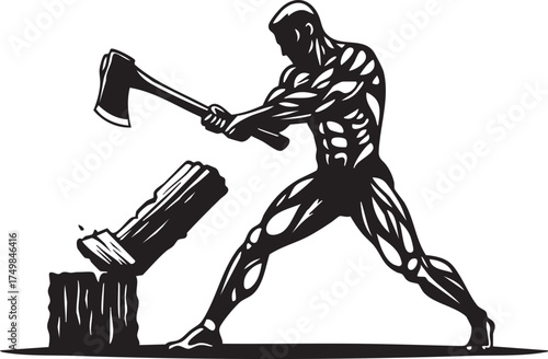 A powerful, muscular man in a dynamic pose, swinging an axe to split a log of wood on a chopping block.