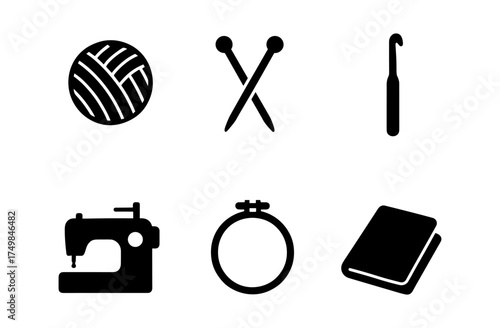 Crafting icons set: yarn, needles, and tools for knitting and sewing enthusiasts