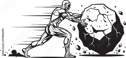 A stylized black and white illustration of a powerful, muscular man straining to push a massive, crumbling boulder.