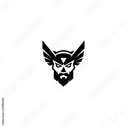 Black silhouette of bearded face with winged helm, symmetrical, stylized, on white