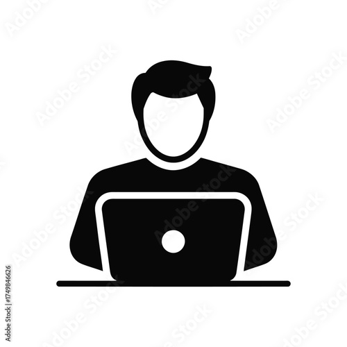Silhouette icon of person working on laptop, desk, front view, white background