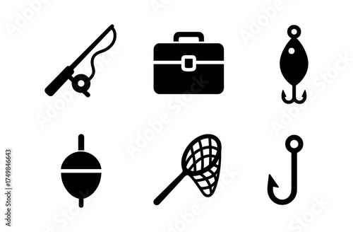 Fishing gear icons set: rod, tackle box, lure, floater, net, hook in black silhouette style