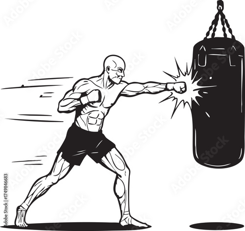 Muscular man with boxing gloves powerfully punching a heavy bag, demonstrating intense training and athletic exertion.