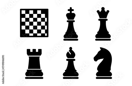 Classic chess set silhouette featuring icons of pieces and board for strategy games
