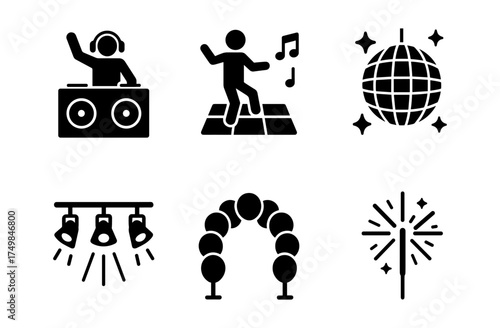 Icon set of dj, dancer, disco ball, spotlights, archway, and sparkler in black