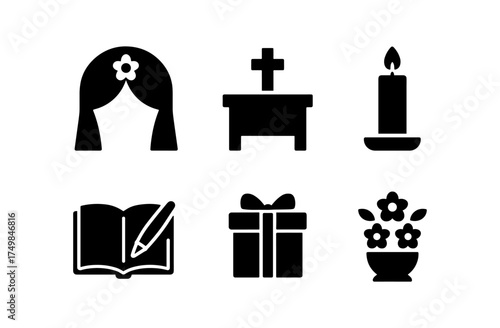 First communion symbols in black silhouette style with religious iconography