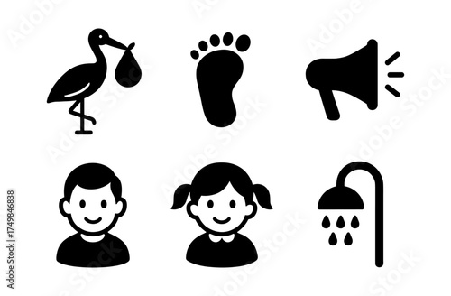 Essential symbols: stork, footprint, megaphone, child faces, shower icons set