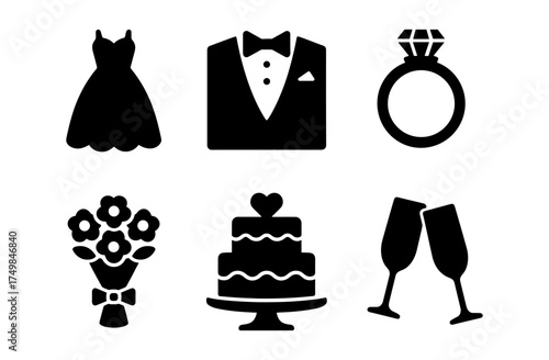 Elegant wedding icons: dress, tuxedo, ring, flowers, cake, champagne