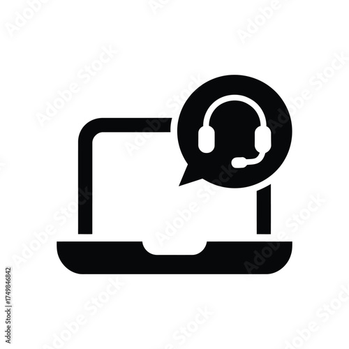 Laptop with customer service headset in speech bubble icon on white background