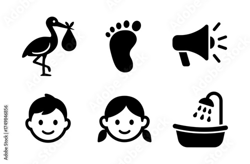 Black silhouette baby icons collection featuring stork, footprint, and shower