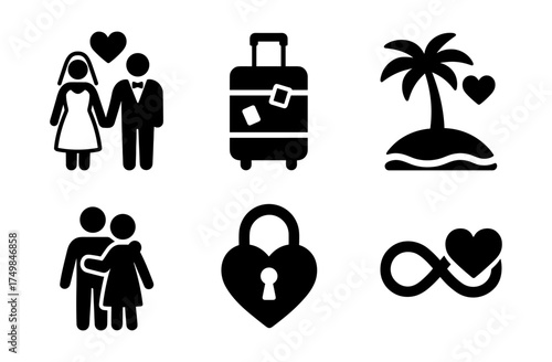 Romantic travel symbols: wedding, honeymoon, love icons for travel and relationships