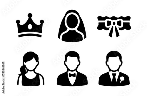 Simple wedding icons: bride, groom, crown, bow tie, and garter designs