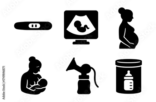 Pregnancy and motherhood silhouette icons: ultrasound, breastfeeding, baby essentials