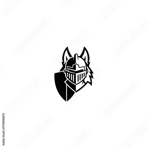 Stylized black/white illustration of a knight helmet blended with a wolf's head
