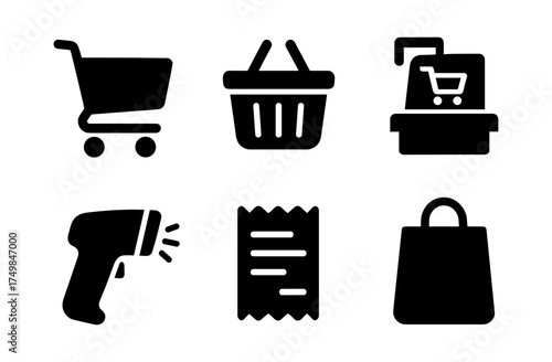 Shopping icon set: silhouette cart, basket, barcode scanner, and purchase symbols
