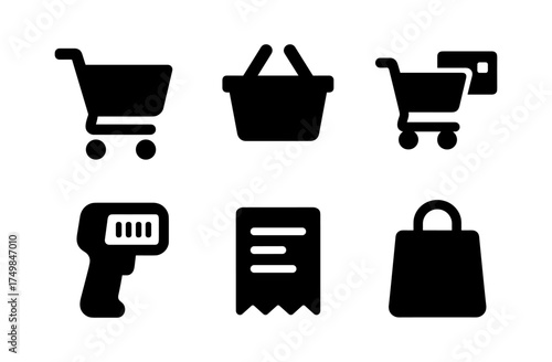 Black shopping icons set: cart, basket, barcode, receipt, bag