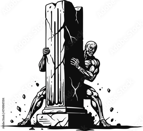 A muscular, stylized figure straining to hold up a cracked and crumbling classical column, symbolizing immense effort and potential collapse.