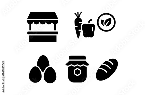 Organic market icons: fresh produce, bakery, and jams in minimalist silhouette style
