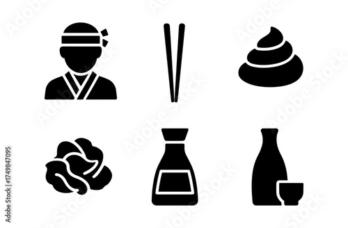 Japanese cuisine icons: chef, sushi, chopsticks, soy sauce, wasabi, and sake in bold silhouette style
