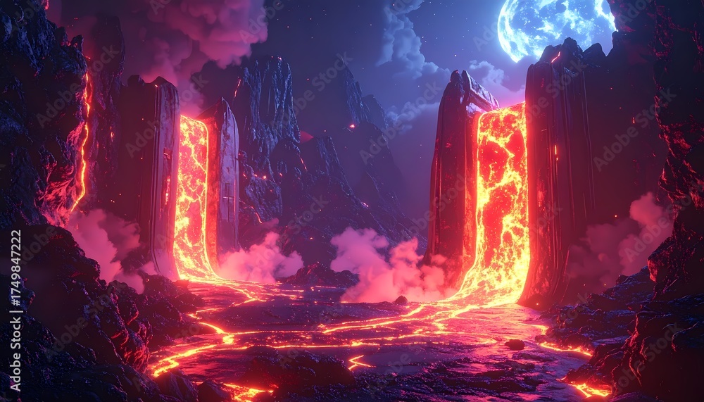 Obraz premium Vibrant Fantasy Landscape with Glowing Lava and Mystical Portals.