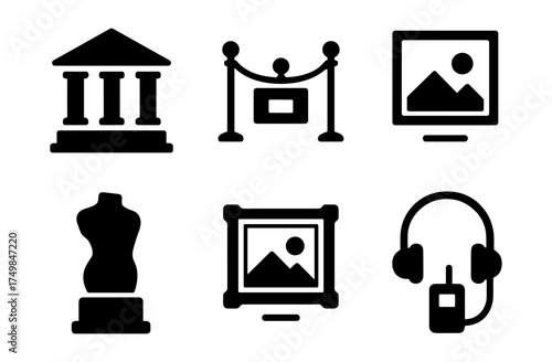 Silhouette museum icons set: art gallery, sculpture, exhibition, audio guide